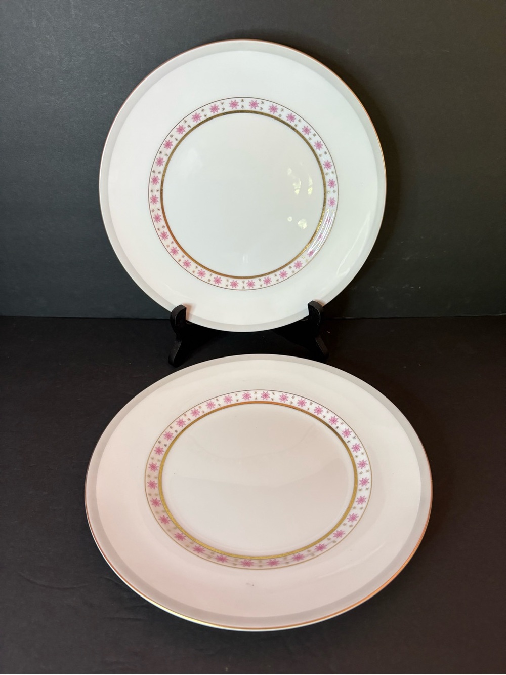 Vintage Pink Atomic Starburst Meito Fine China 10” Dinner Plates Set of 2